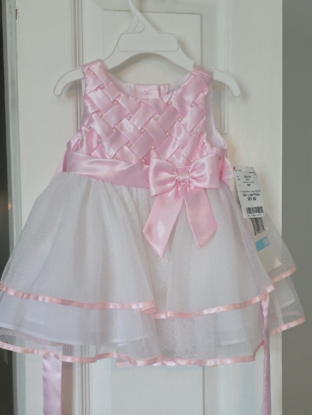 Rare Editions Light Pink Satin Baby Dress with Pearls